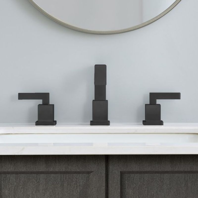 Mobiletto per bagno opaco per lavabo con foro di scarico, rubinetto a 2 maniglie, bagno nero con moderno rubinetto a cascata Up 3 diffuso._voghion.com