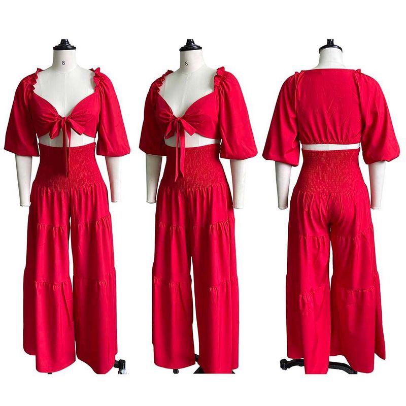D220 Amazon 2022 Summer Chest Wrap Strap Top Wide Leg Pants Large Size European and American Two-piece Casual Cross-border Suit_voghion.com