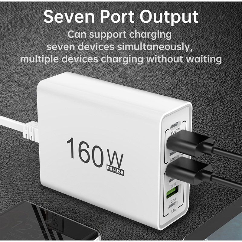 7-Port USB Total 160W 3USB+chh Type-C Fast Charging Fast Charger For IPhone Samsung Xiaomi QZ.0 PD Wall Power Adapter_voghion.com