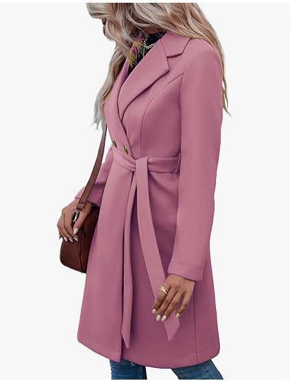 Eleganter langer Wollmantel für Damen – Zweireihiger Trenchcoat mit Gürtel und schmaler Passform, perfekt für Herbst und Winter_voghion.com
