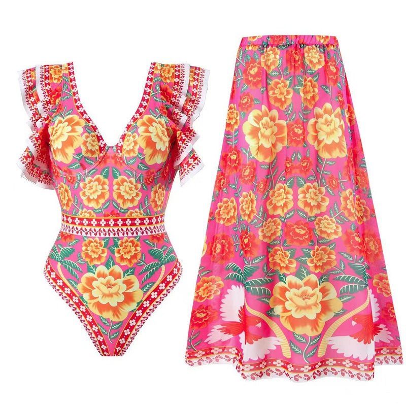 Modisches einteiliges Badeanzug-Set mit bedrucktem Gaze-Kleid, Strand-Spa-Bikini_voghion.com