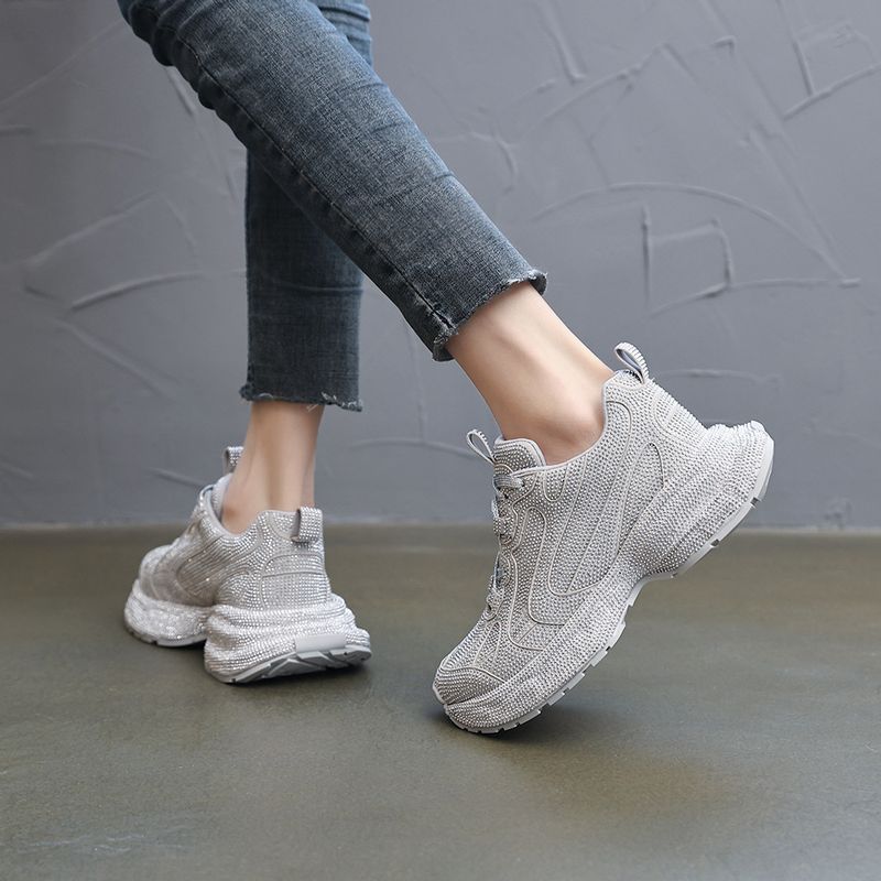 Starry Sky Water Explosion Street Style Women's Doubles Lace 2025 Thick Bottom Full Diamond Luxury Casual Dad Shoes_voghion.com