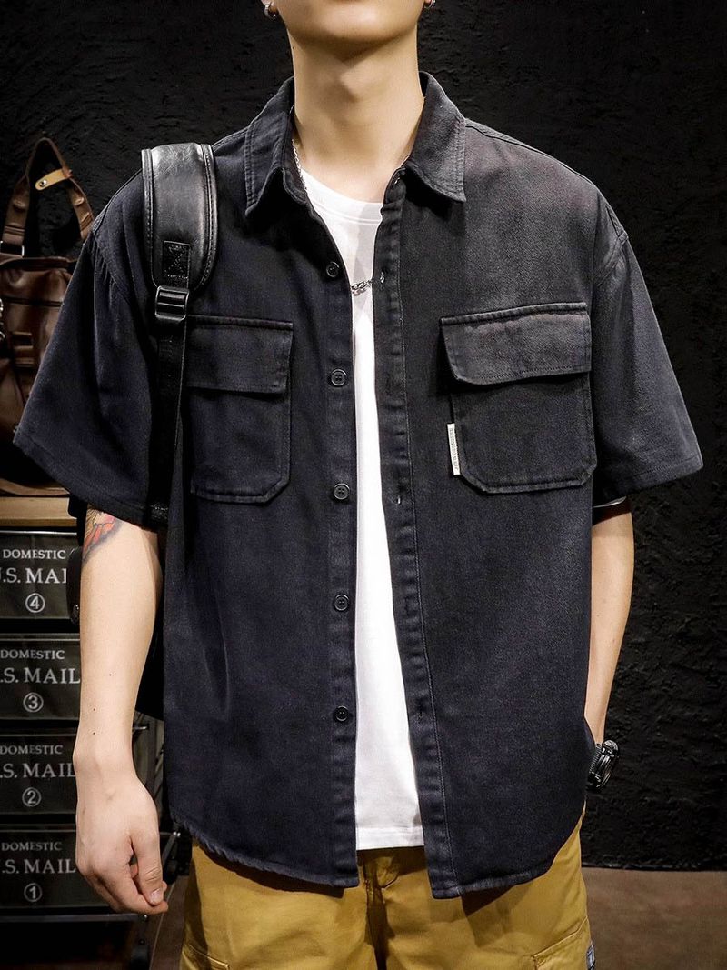 Abbigliamento da uomo taglie forti, camicia a maniche corte, giacca casual ampia con due tasche._voghion.com