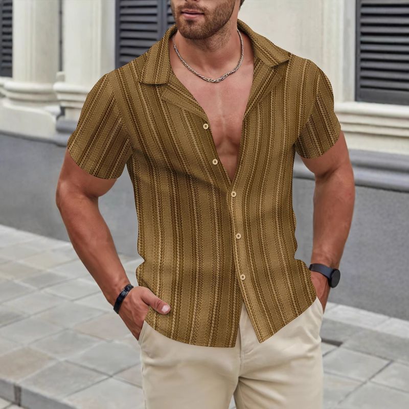 Camicia estiva da uomo a maniche corte con bottoni, tinta unita, con risvolto, molto venduta_voghion.com