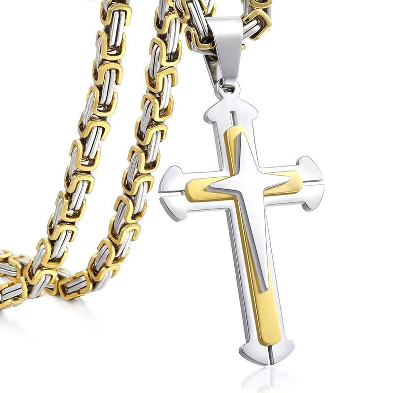 Titanium Cross Pendant Three-Layer Three-Dimensional Hip-Hop Cuban Stainless Steel Men's Necklace Square Buckle Chain_voghion.com