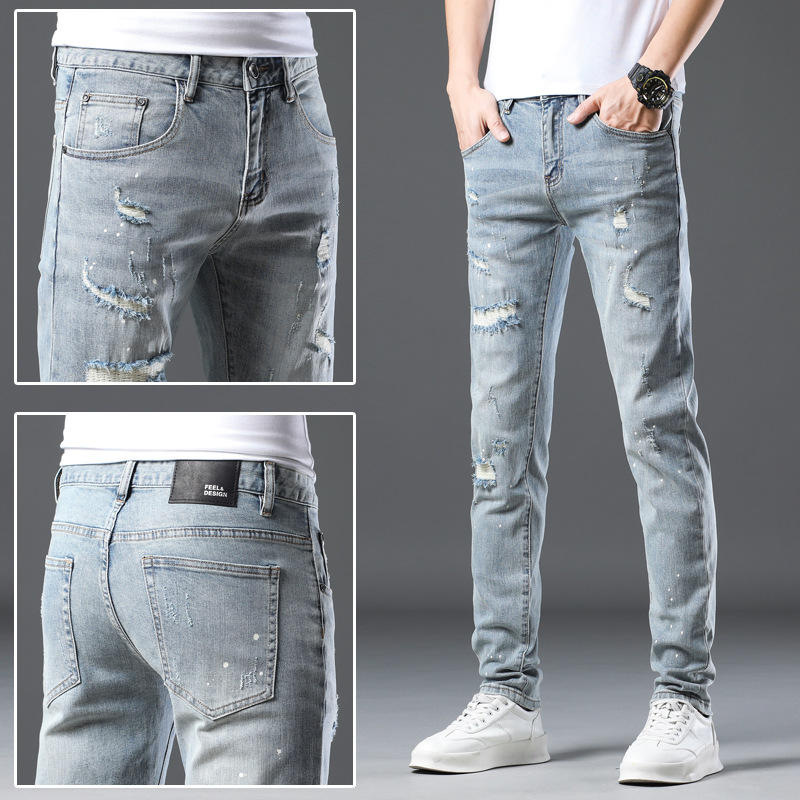 Painted trendy elastic youth distressed jeans slim fit spring/summer small leg denim men's pants_voghion.com
