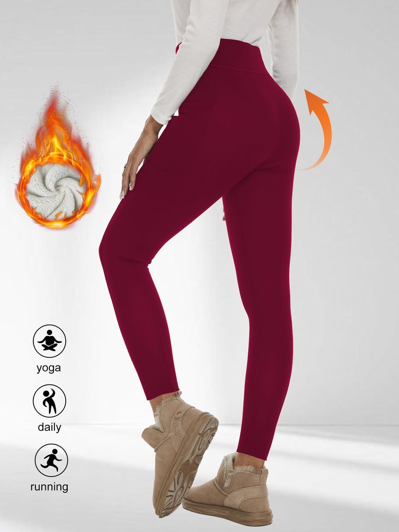 Leggings a vita alta con fodera in pile spesso e tasche – Pantaloni da yoga caldi ed elastici per donna (nero, blu navy, rosso vino, grigio scuro)_voghion.com