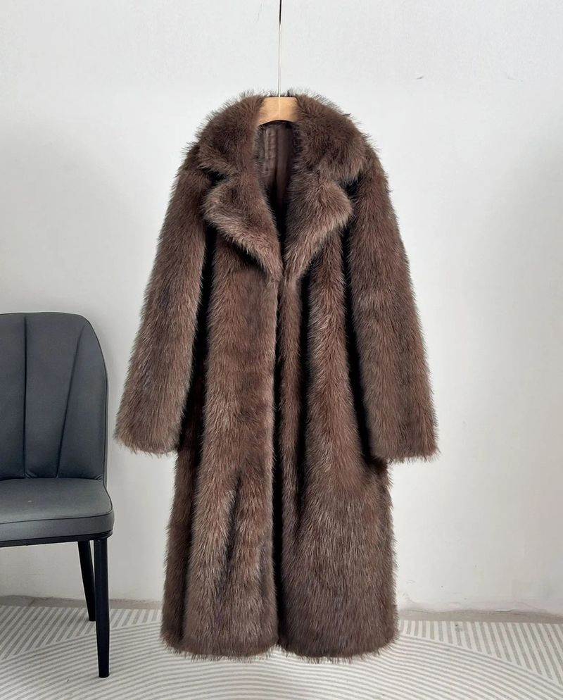 Luxus-Kunstpelzmantel – Langer Plüschmantel mit Anzugkragen für Damen (Weiß/Schwarz, Beige, Braun, Camel, S-XXL)_voghion.com