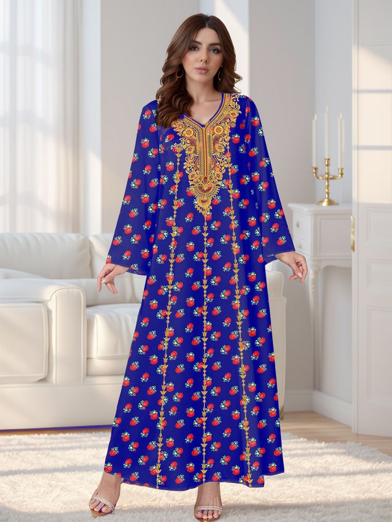 Müslüman Abaya Kadın Moda V Yaka Baskılı Uzun Suudi Arabistan Elbisesi_voghion.com