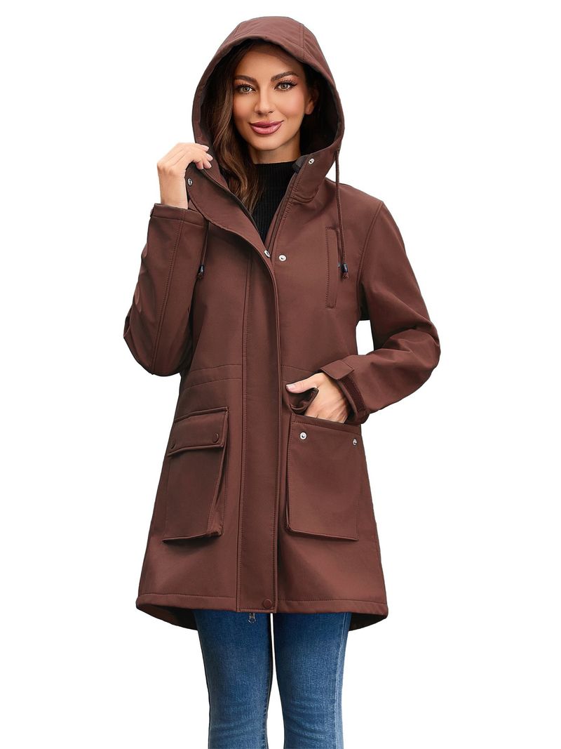 Women's Waterproof Softshell Jacket With Hood - Windproof Raincoat For Outdoor Hiking & Commuting (Black, Army Green, Navy Blue, Coffee, Light Gray)_voghion.com