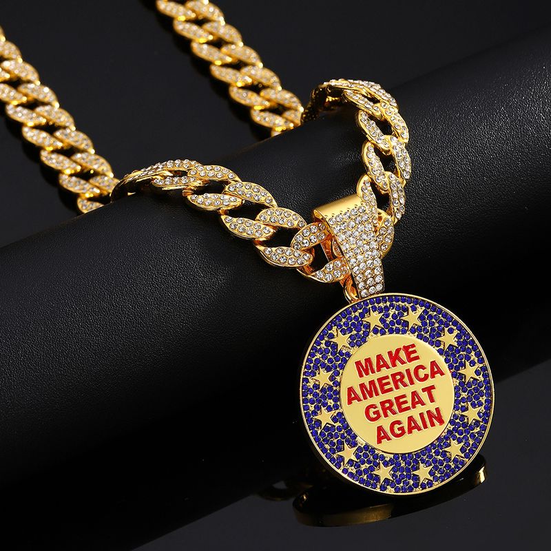 Collana con ciondolo in lega rotonda con lettera MAKE AMErica CREAT AGAIN e diamante pieno che gocciola olio_voghion.com