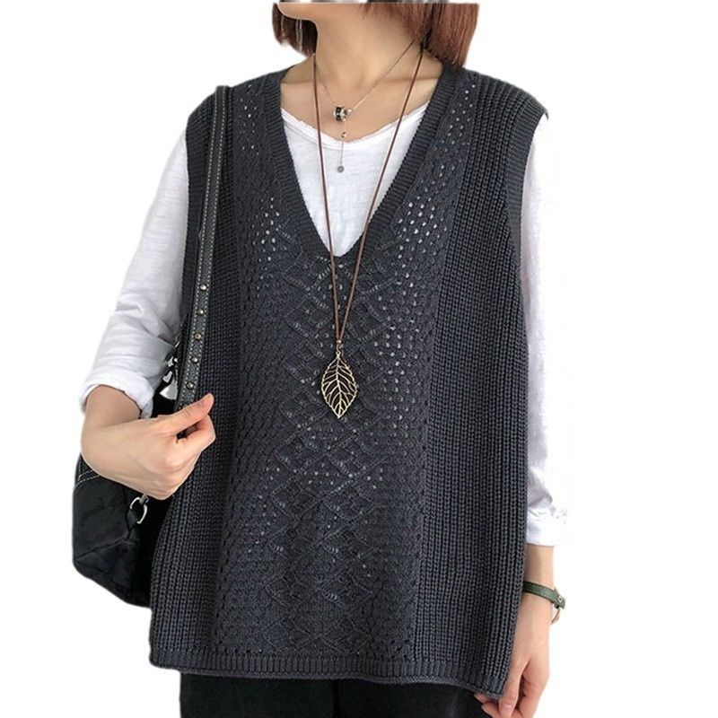 Women's Knitted Vest Fashion Solid Color Loose Plus Size Hollow Casual Style Summer Outerwear V-Neck Pullover Women_voghion.com