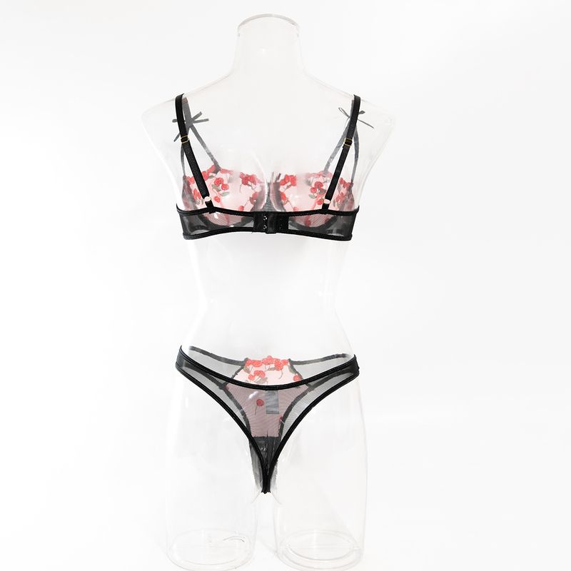 Completo reggiseno in rete trasparente ricamato in stile francese con dettagli a fiocco - Lingerie 2 pezzi_voghion.com