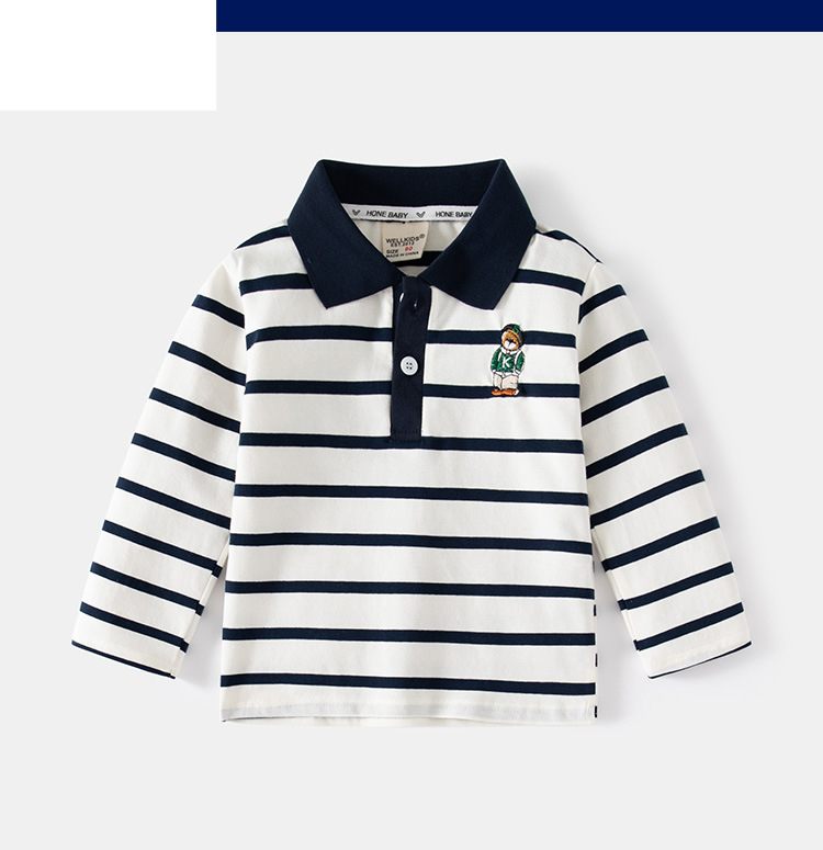 Hübsches schwarz-weiß gestreiftes Langarm-Poloshirt für Jungen, Frühlingsausflug, lässiges T-Shirt, Revers, langärmeliges Kinder-T-Shirt_voghion.com