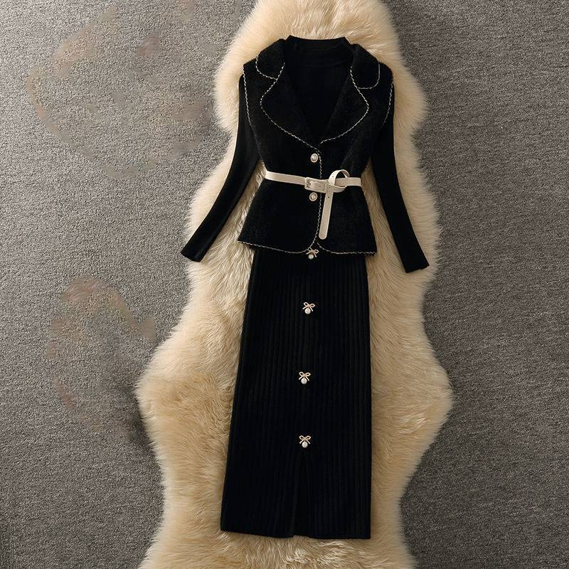 Women's Clothing Autumn Mature Suit Temperament Lady Suit Collar Vest Sweater Hip Skirt Three Piece Suit_voghion.com