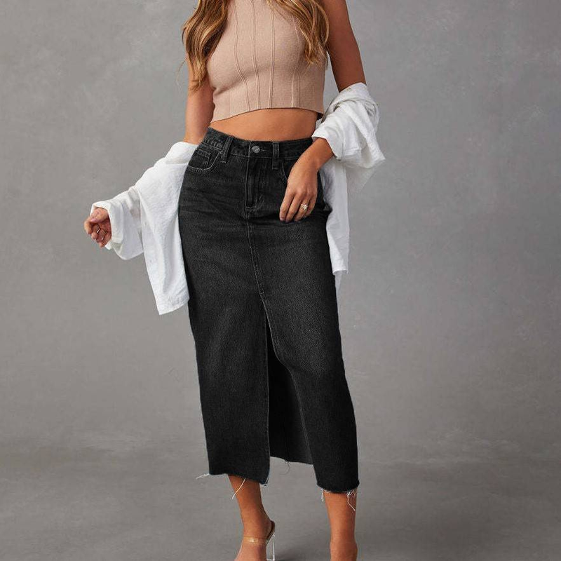 Jupe trapèze mi-longue délavée taille haute pour femme de style américain_voghion.com
