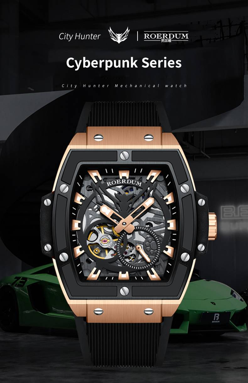 ROERDUM Cyberpunk Series Double Skeleton Dial Silicone Strap Black Dial Casual Stylish Men's Mechanical Watch_voghion.com