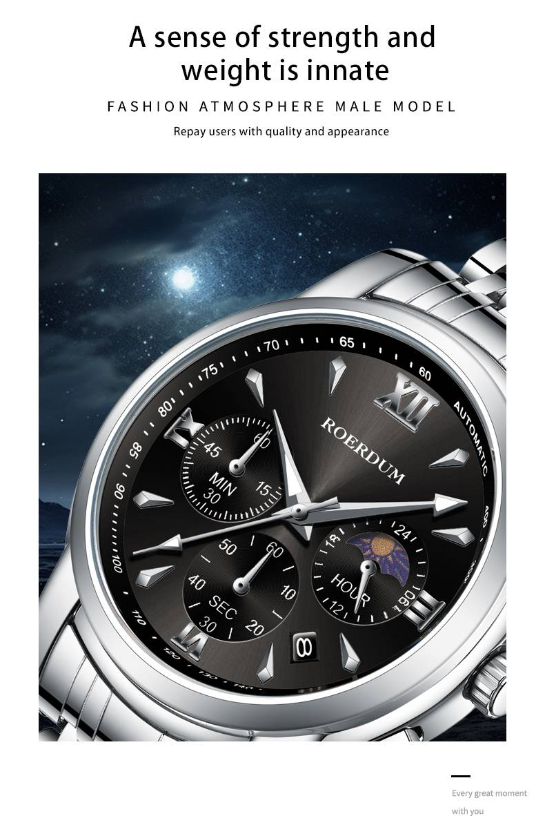 Serie ROERDUM Cool Play - Movimento al quarzo, bracciale in acciaio inossidabile, quadrante argento-nero, orologio da uomo casual ed elegante_voghion.com