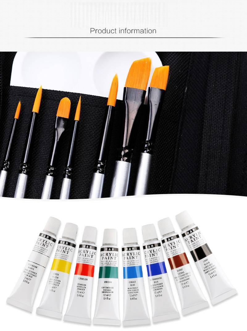 H&B Professional Art Paint Palette Set 16 Pieces Nylon Brush Acrylic Paint Set_voghion.com
