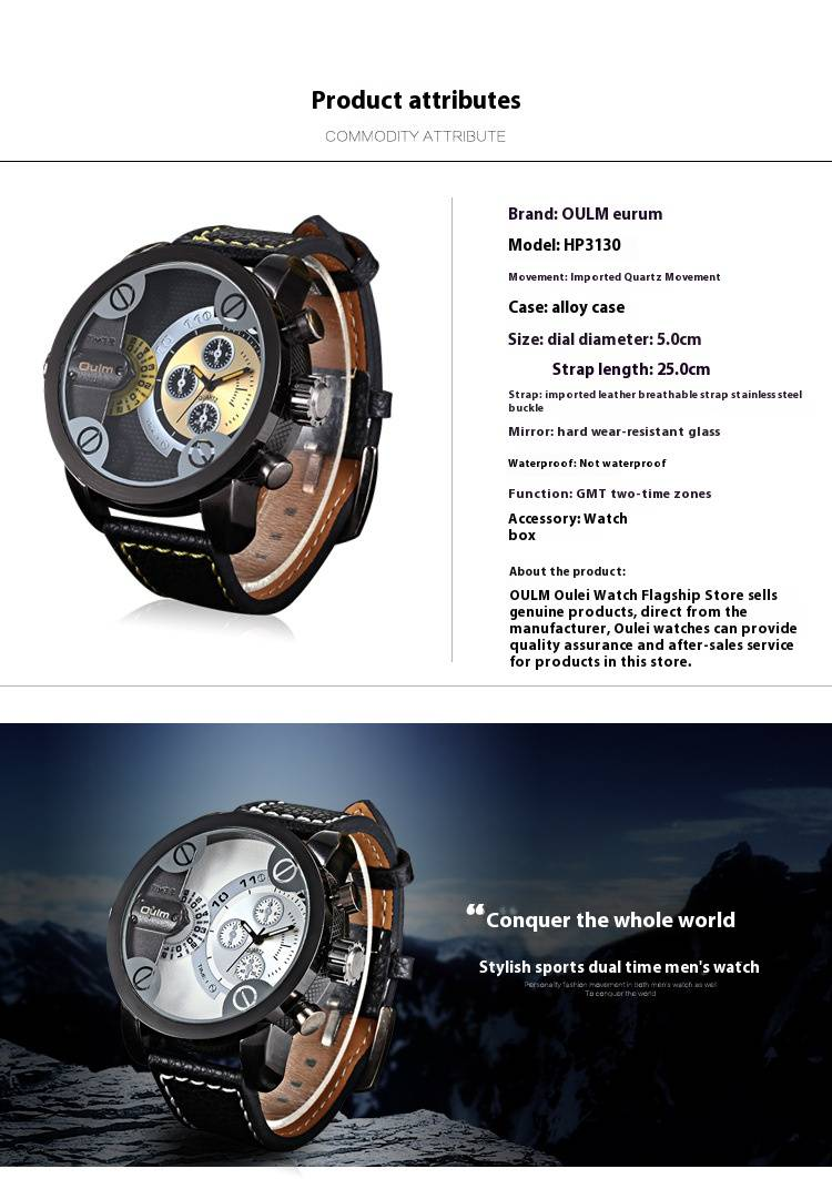 Men's Stylish Dual Time Zone Watch With GMT Function - Quartz Movement, Genuine Leather Strap, Mineral Crystal Glass Luxurious Gift_voghion.com