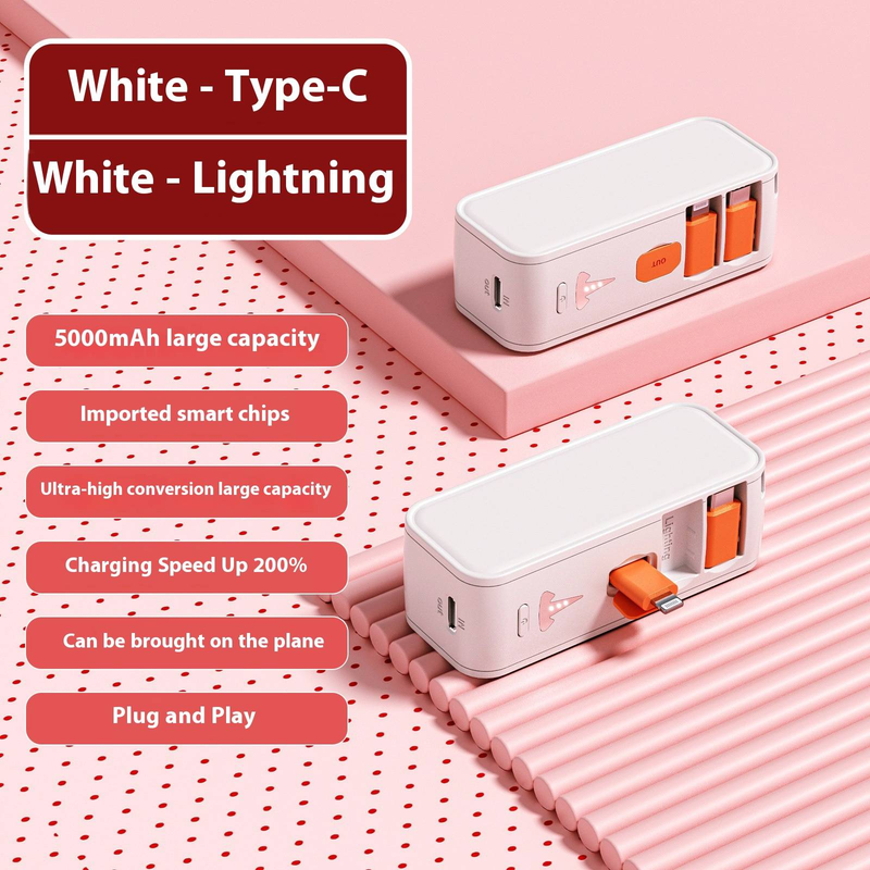 SEDALUO Mini Capsule Power Bank 5000mAh With Built-in Cable, Portable Fast Charging External Battery For IPhone & Android_voghion.com
