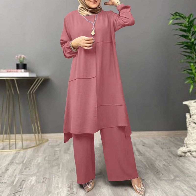 Elegantes muslimisches Zweiteiler-Set mit langärmliger Bluse und weiten Hosen – schlichte Mode für Damen (Khaki, Oliv, Marineblau, Wassermelone)_voghion.com
