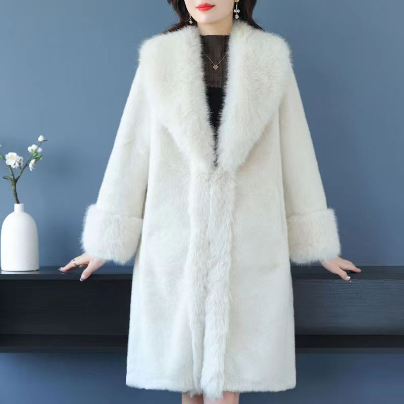 Women's Clothing Autumn And Winter Luxury Long Fox Fur Collar Coat Oversized Casual Winter Jacket With Plush Lining (Cream, Dark Brown, Black)_voghion.com