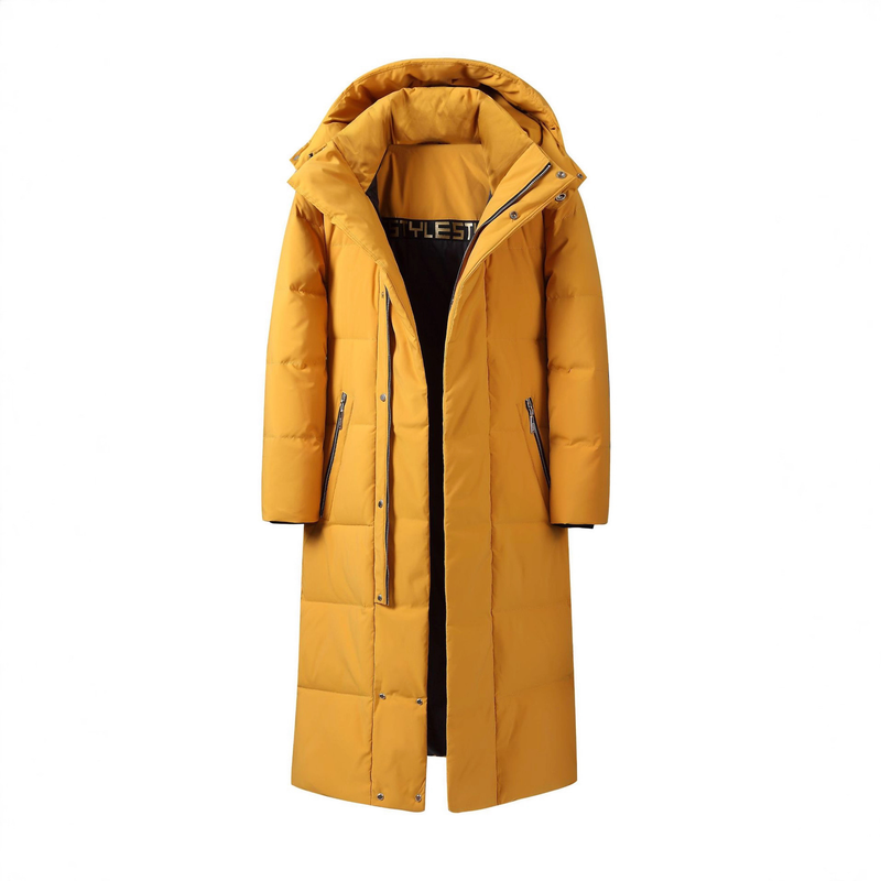 Herrenbekleidung Unisex Langer Daunenmantel mit Kapuze – Ultrawarme Winterjacke für extreme Kälte (-30 °C), wasserdicht und atmungsaktiv, 600 Fill Power Entendaunen_voghion.com