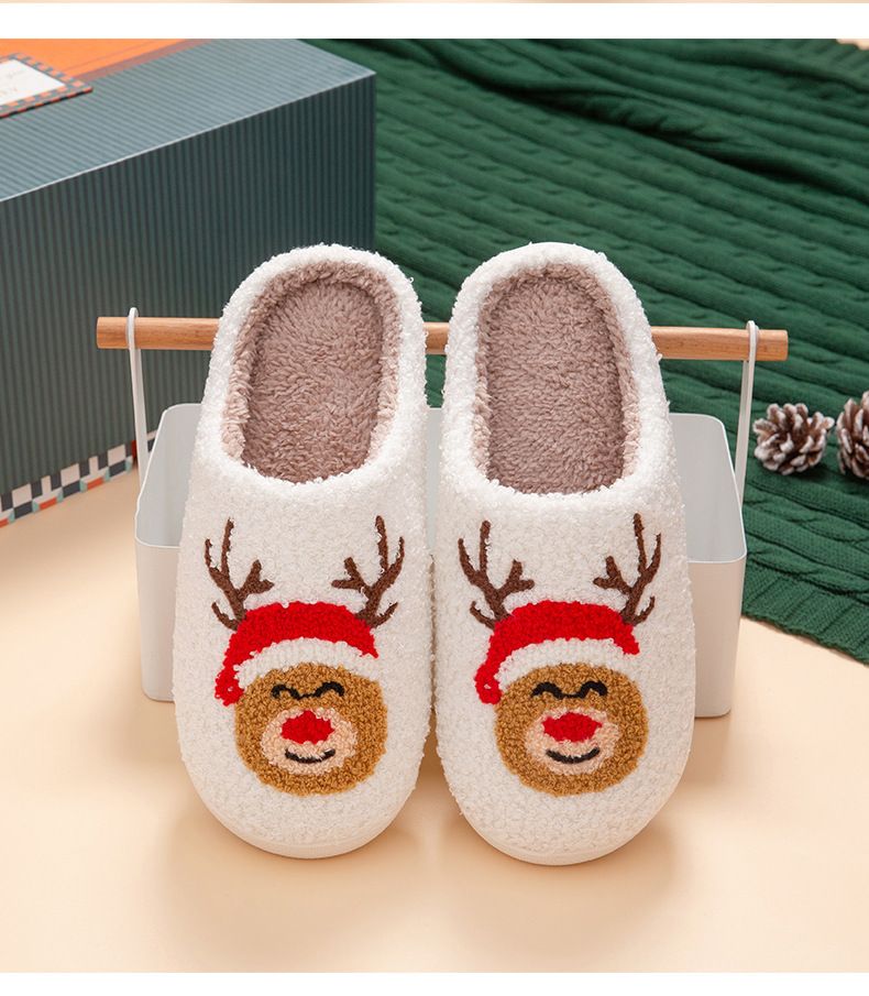 Schuhe süße Hirschhörner Weihnachtselemente Baumwollpantoffeln für Frauen plus samtverdickte warme Herbst- und Winterpantoffeln neutral_voghion.com