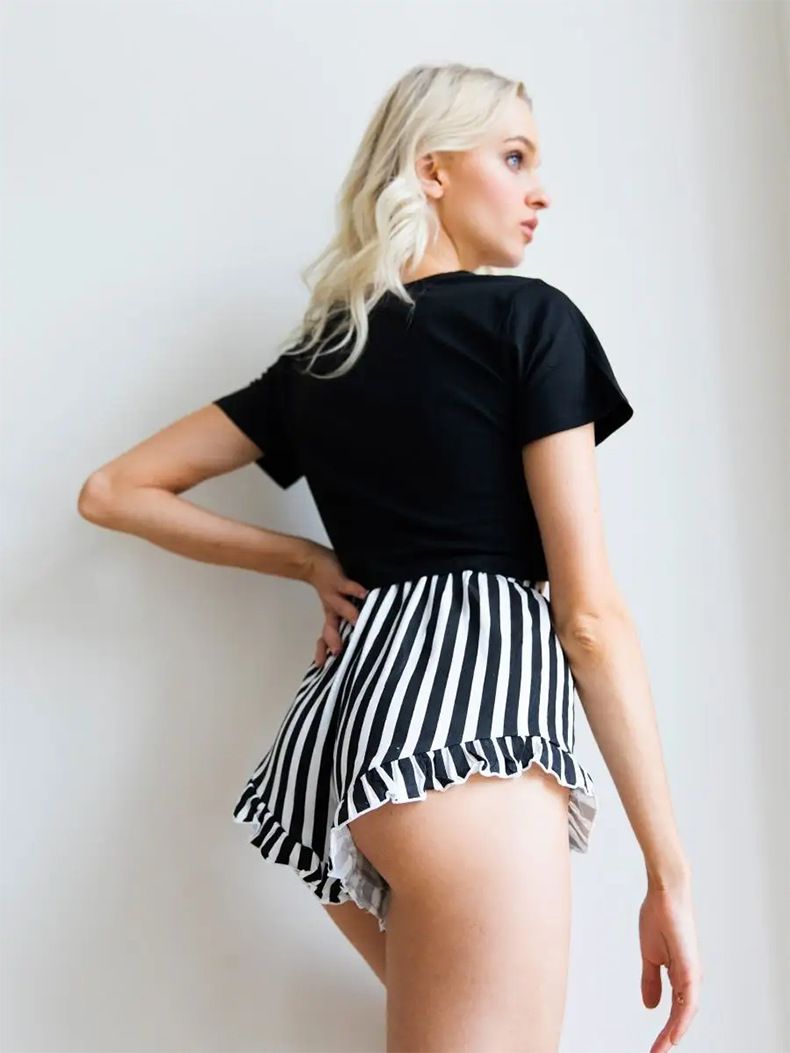 Tie Button Printed Wear Casual Simple Home Sexy Short Sleeve Shorts Thin Pajamas Women's Set Resistant Wrinkle Attire_voghion.com