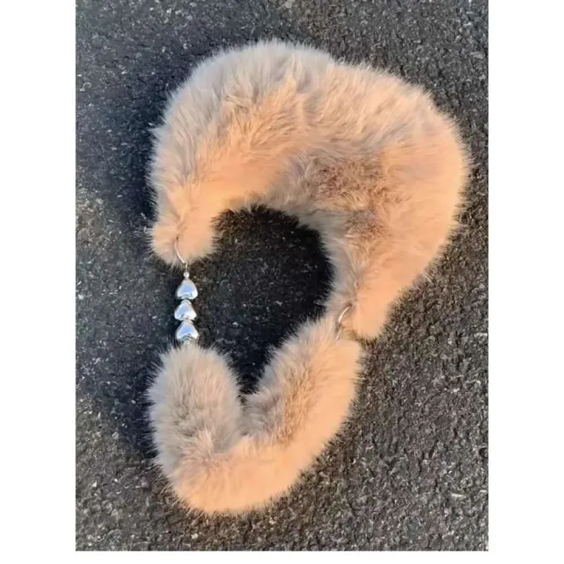 Winter Cute Plush For Women Trendy Fashion Versatile Heart Chain Handbag Fluffy Underarm Bag_voghion.com
