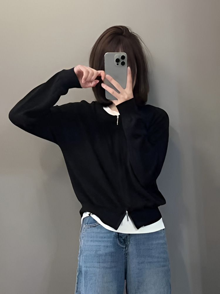 Women's Oversized Zip-Up Knit Cardigan With Dual Zippers - Soft Long Sleeve Casual Sweater For Everyday Comfort_voghion.com