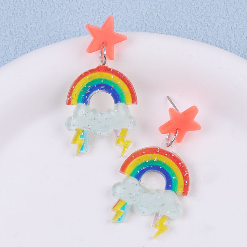 Orecchini pendenti colorati a forma di stella a cinque punte, con borchie in acrilico, a forma di nuvola, arcobaleno e cartone animato, per donna_voghion.com