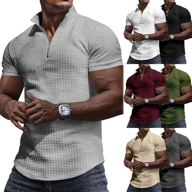 24 Poloshirt mit Stehkragen für Herren, kurzärmelig, einfarbig, kariert, mit Reißverschluss, T-Shirt für den Sommer, lässiges Oberteil_voghion.com