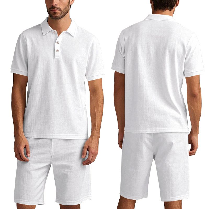 Ensemble polo et short de plage à manches courtes pour homme, style américain, ample, décontracté, respirant, en lin_voghion.com