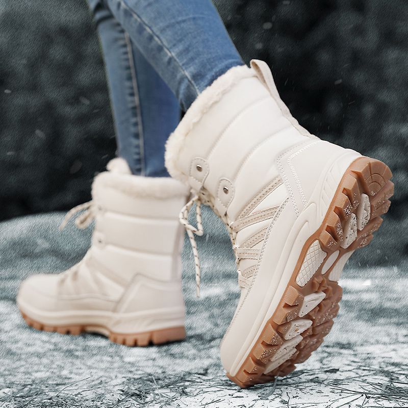 Winter-Schneestiefel Damen High Top Schnürstiefel Plüsch Warm Weich Einfarbig Freizeitschuhe Damen Anti-Rutsch Wanderschuhe Damen_voghion.com
