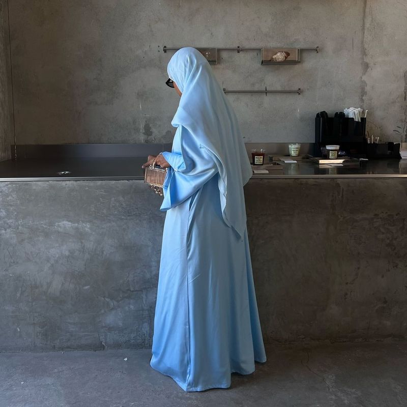 Femei musulmane halat de baie rochie de seară satinată moale cu deschidere frontală halat Abaya culoare solidă_voghion.com
