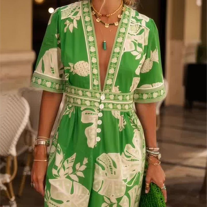 Combinaison imprimée à col en V et manches courtes pour femme, nouvelle mode printemps 2024_voghion.com