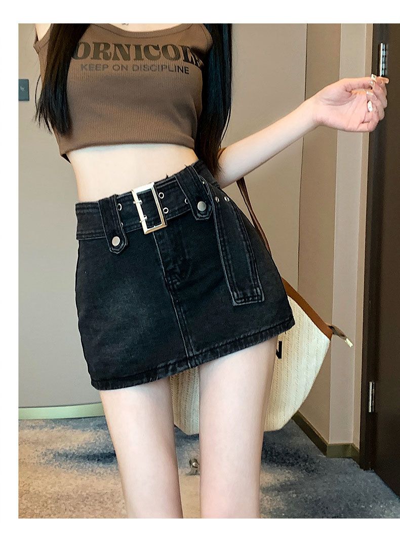 Black denim women's half length pants skirt, Instagram trendy new niche anti glare high waisted versatile A-line wrapped_voghion.com