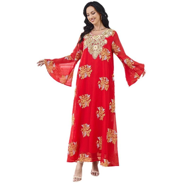 Mt220 Robe Abito elegante Abaya da donna con colletto di perline ricamato rosso_voghion.com