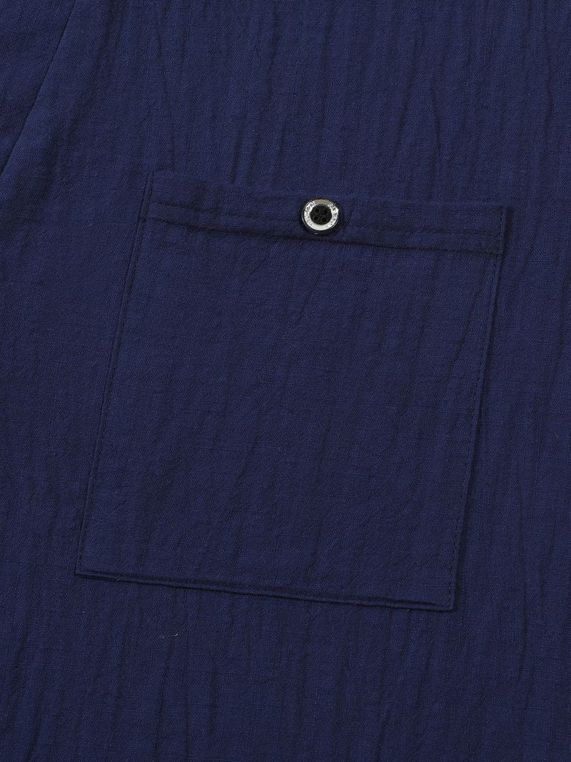 Camicia da uomo a maniche corte in lino e cotone – Collo alto traspirante, vestibilità comoda, casual (S-XXXL, blu navy/bianco/albicocca)_voghion.com