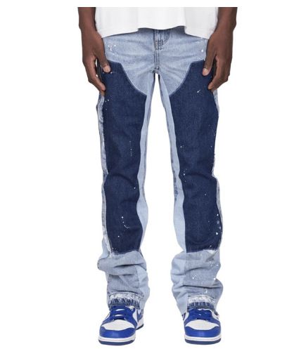 2025 Men's Fashionable Ins Workwear Elastic Patch Denim Layered Flared Pants_voghion.com
