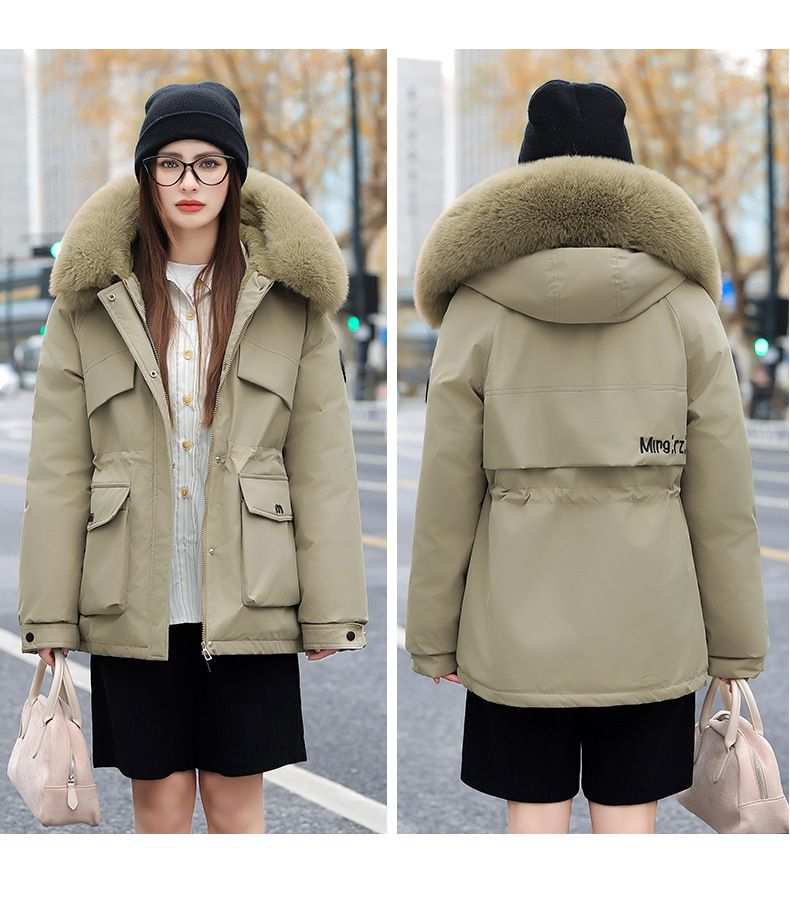 Damen Steppjacke mit Kunstfellkapuze, Hüftgurt, großen Taschen - Wintermantel für Damen, kurze Pufferjacke, warme Oberbekleidung_voghion.com