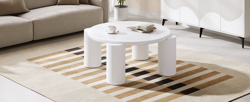 Table basse moderne White Cloud avec 4 pieds stables, petite table d'appoint ronde blanche pour salon, chambre, balcon, terrasse, design à bords arrondis_voghion.com