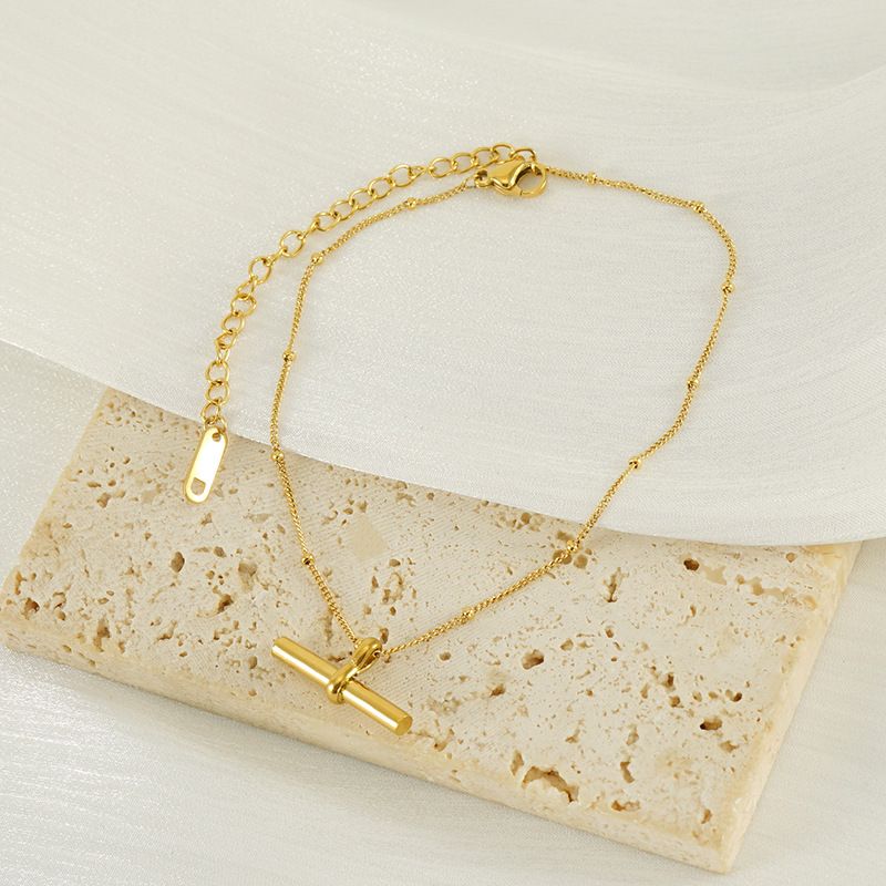 Minimalist Stainless Steel Gold-Plated Personality T-Bar Barbell Pendant Round Bead Chain Anklet For Women_voghion.com