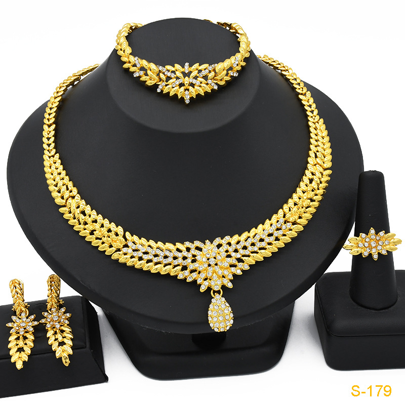 Guld brud smycken set Halsband Örhängen Armband Ring_voghion.com