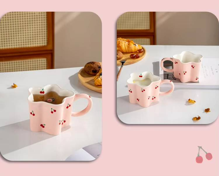 Keramiktassen mit Cartoon-Kirschdruck, unregelmäßige Blumenformen, Kaffeetasse, Kindermilchtassen, Geburtstagsgeschenk für Mädchen_voghion.com