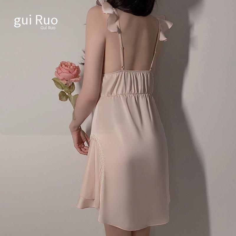 Women's Sexy Lingerie Patchwork Gathered Chest Pad Suspender Nightdress Open Front Robe Home Clothes Suit_voghion.com