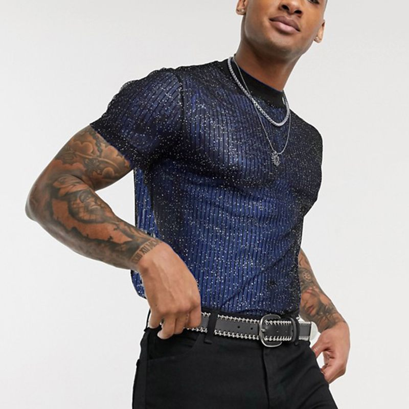 New See-through, Breathable, Thin And Fashionable Nightclub Party Base Layer Tulle Men's T-shirt_voghion.com