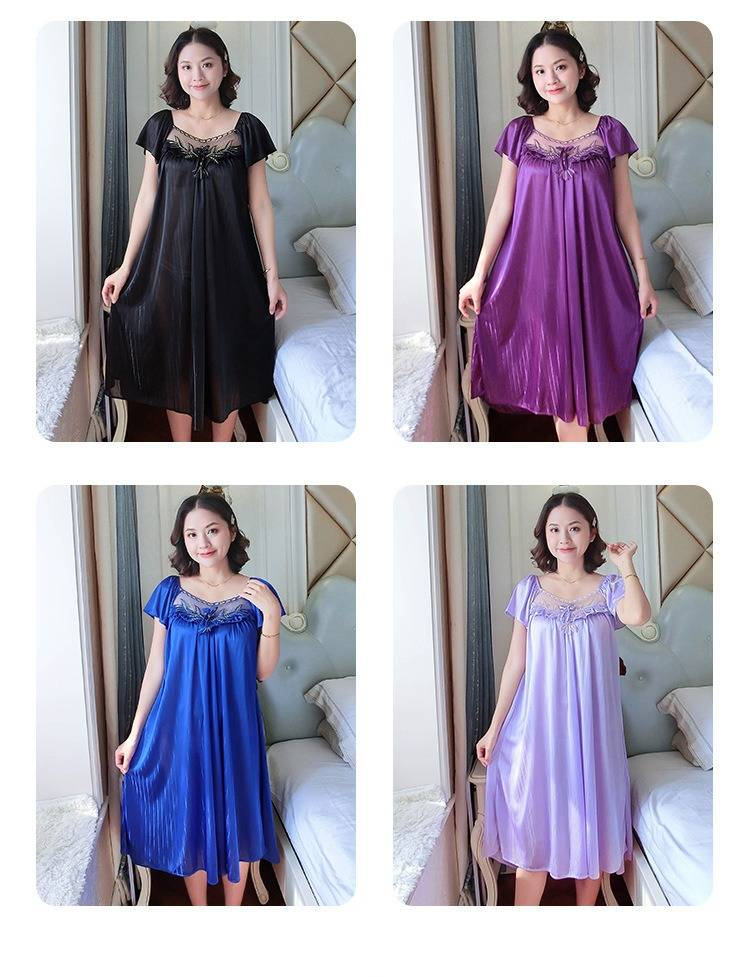 Women Ice Silk Sleepwear Set Nightdress Homewear Nightwear Pyjamas Female Lace Sleepwear V-neck Nightgown Plus Size_voghion.com